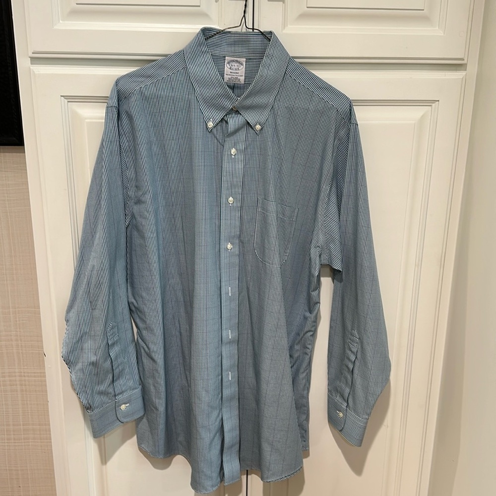 Brooks Brothers Regent The Original Polo Shirt Green Blue Check 16 1/2 - 33